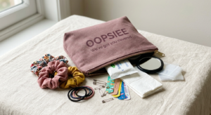 Oopsiee Everyday Emergency Kit with everyday emergency essentials in a dusty mauve pouch.